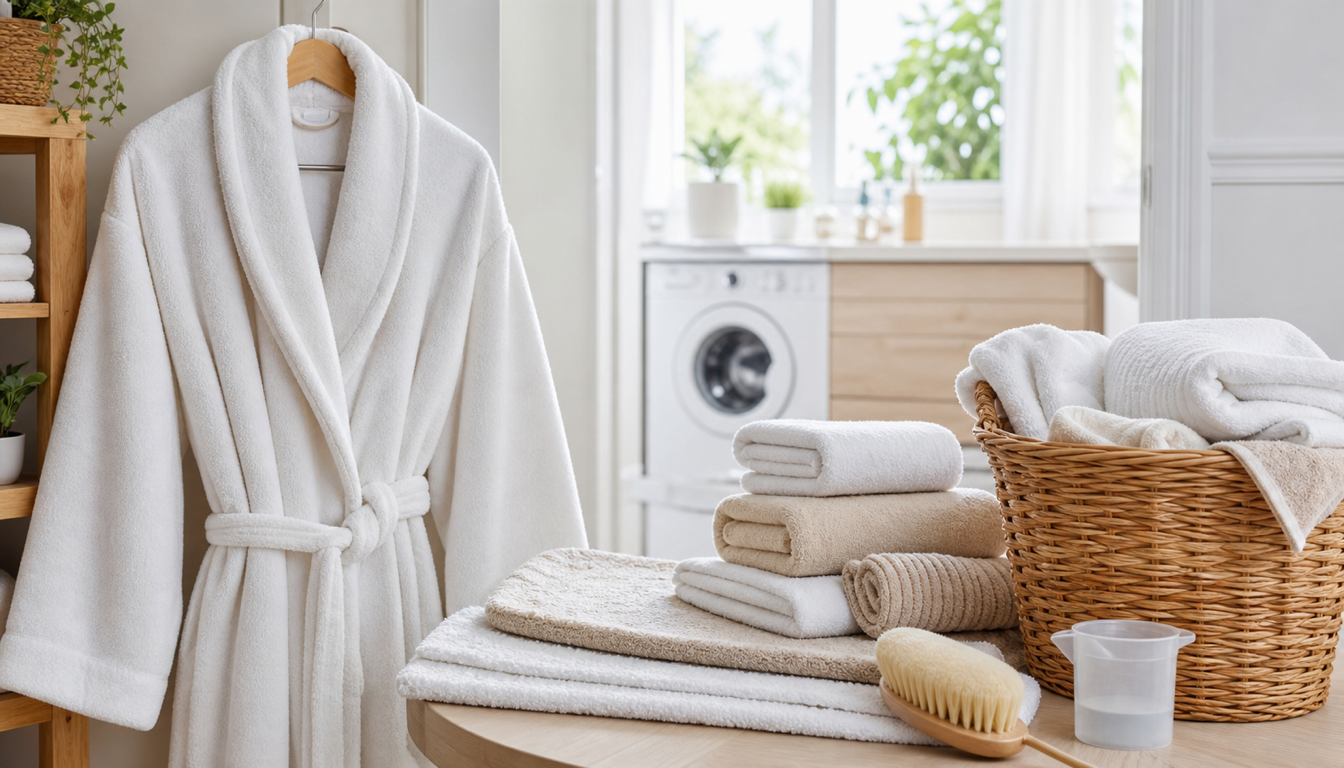 Aydınlık banyoda asılı beyaz bornoz, katlanmış banyo havluları, paspas ve çamaşır sepeti