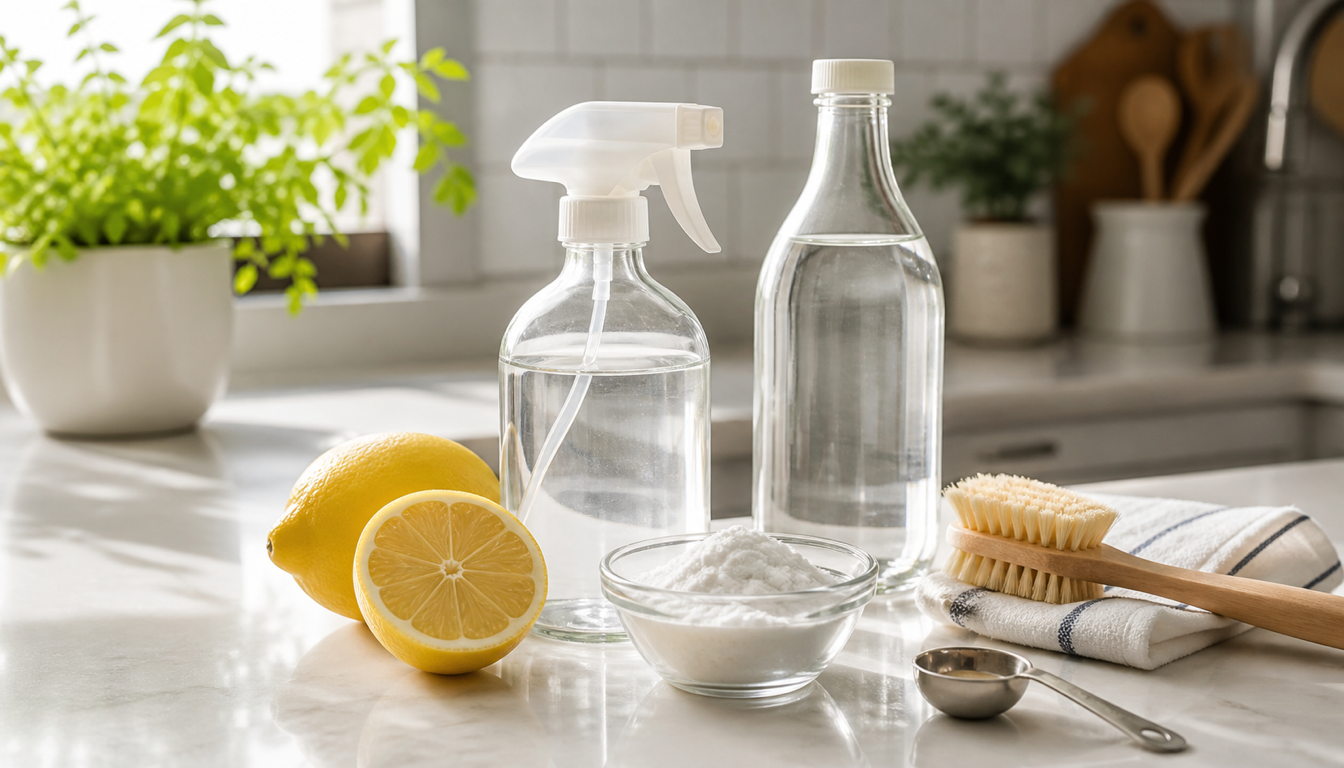 Aydınlık mutfak tezgahında sirke, limon, karbonat ve cam sprey şişesiyle doğal temizlik hazırlığı