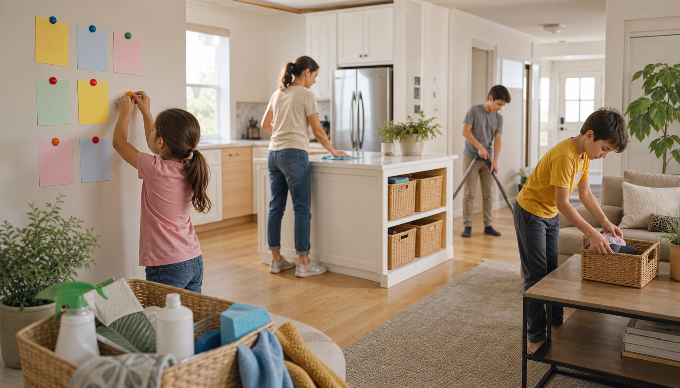 Aydınlık bir evde aile bireylerinin birlikte düzenlediği temiz salon ve mutfak alanı