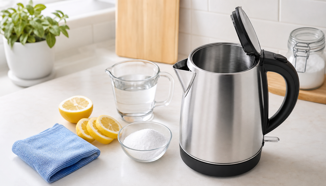 Aydınlık mutfak tezgahında içi temizlenmiş paslanmaz çelik kettle ve yanında limon ile ölçü kabı
