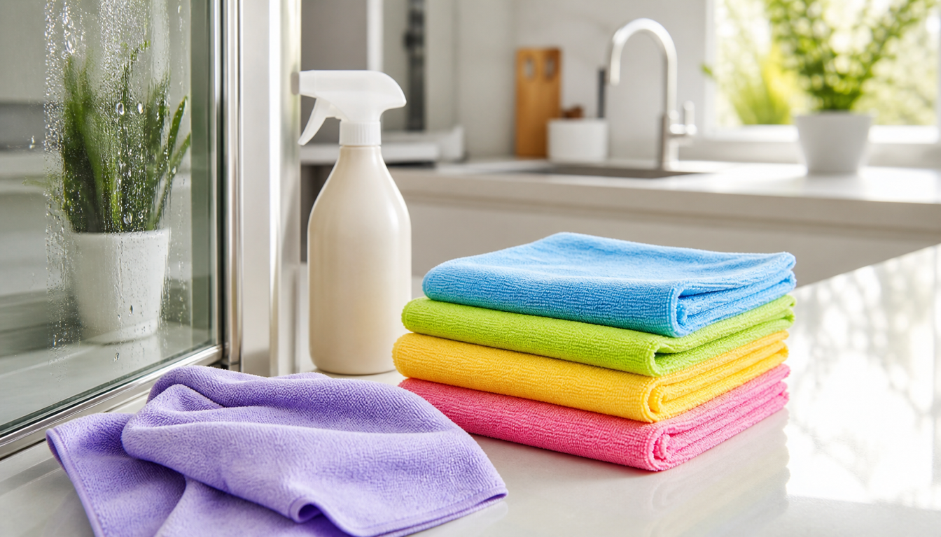 Aydınlık mutfak tezgahında renkli mikrofiber bezler, sprey şişesi ve temiz cam yüzey