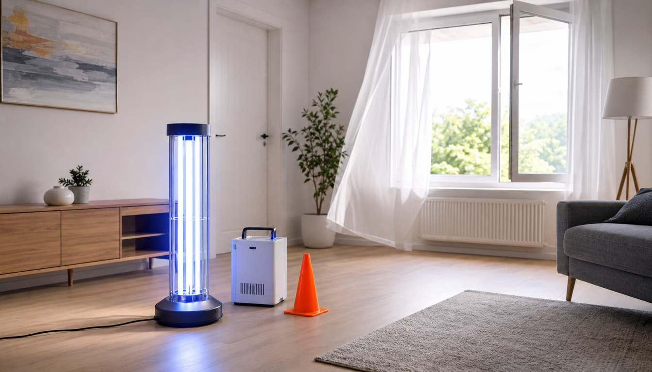 Aydınlık boş bir odada koruyucu ekipmanla UV-C dezenfeksiyon cihazı ve havalandırma hazırlığı